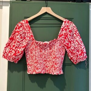 Anthropologie Smocked Red And White Eyelet Ribbed Puffy Sleeve Top